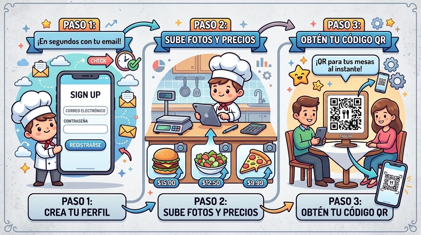 Infografía Cómo Funciona el Menú Digital QR: Descarga tu QR, Imprime y Coloca, Escaneo del Cliente, Menú Visual e Interactivo